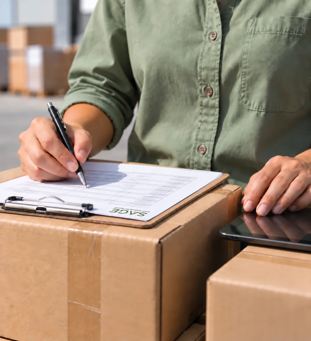 Trade coordinator reviewing paperwork beside a shipment