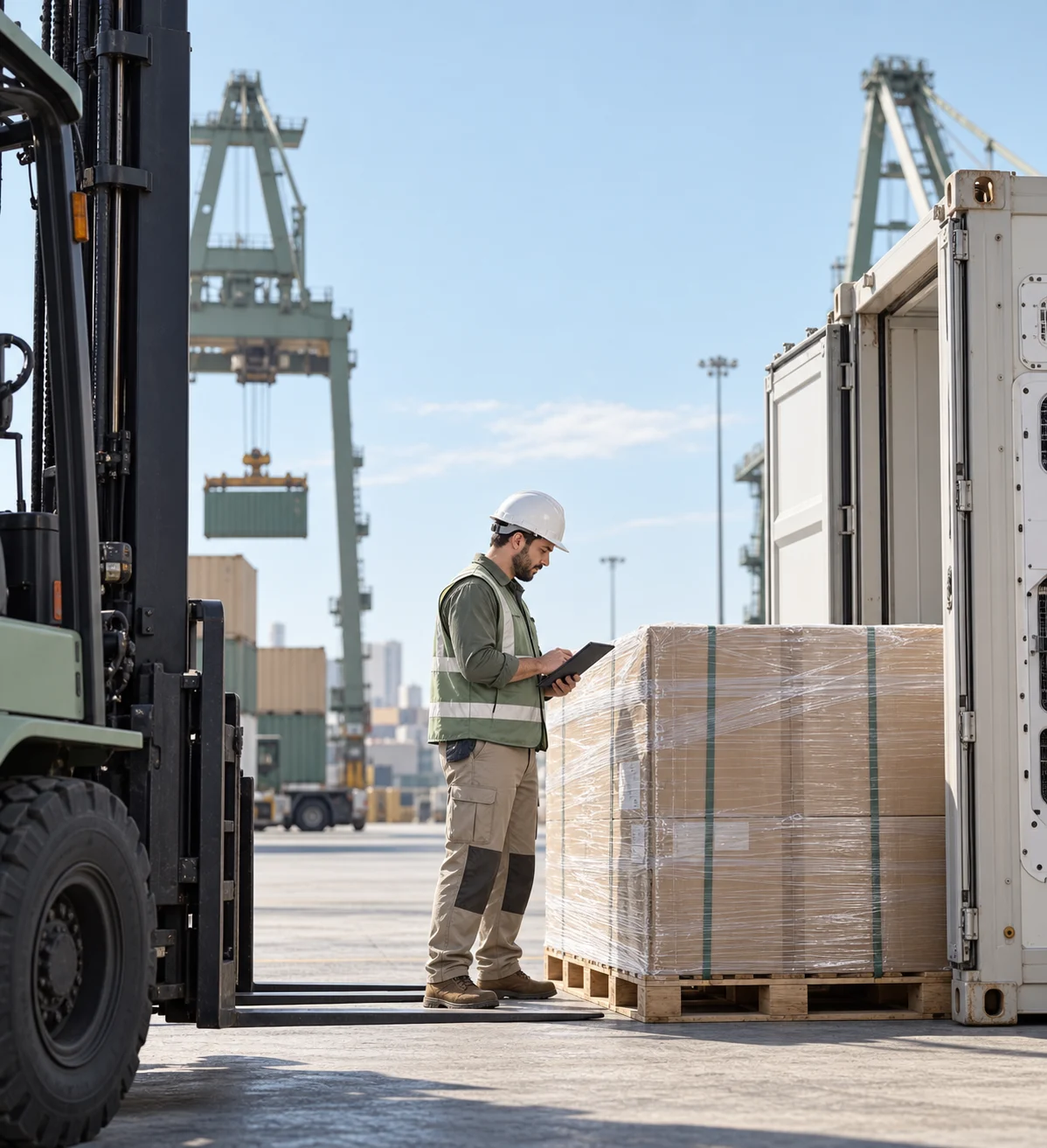 Freight inspector checking an export pallet with a tablet