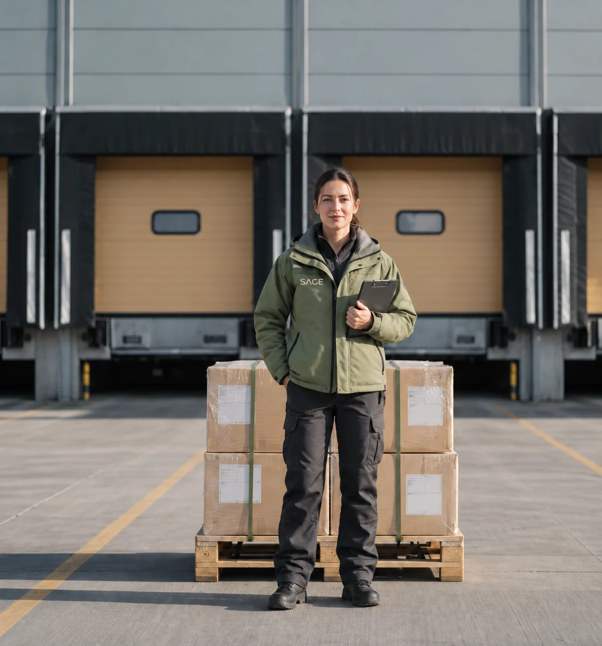 Freight supervisor with export cartons at a loading bay