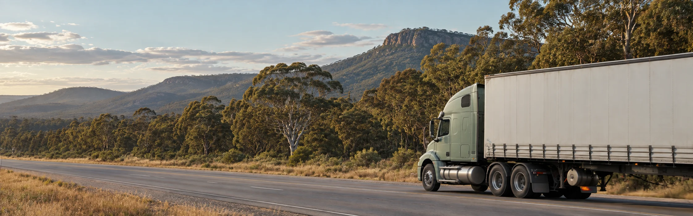 Freight truck travelling through Australian woodland