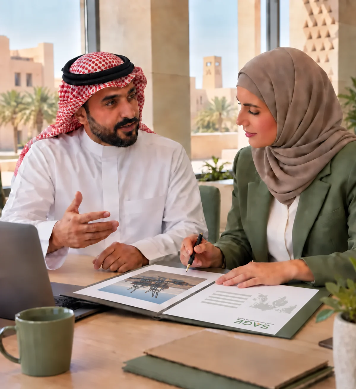 Saudi business representative and trade coordinator reviewing documents