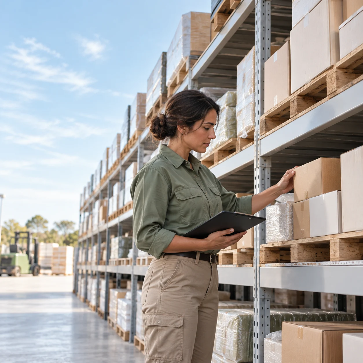 Quality coordinator inspecting packaged stock on warehouse shelves