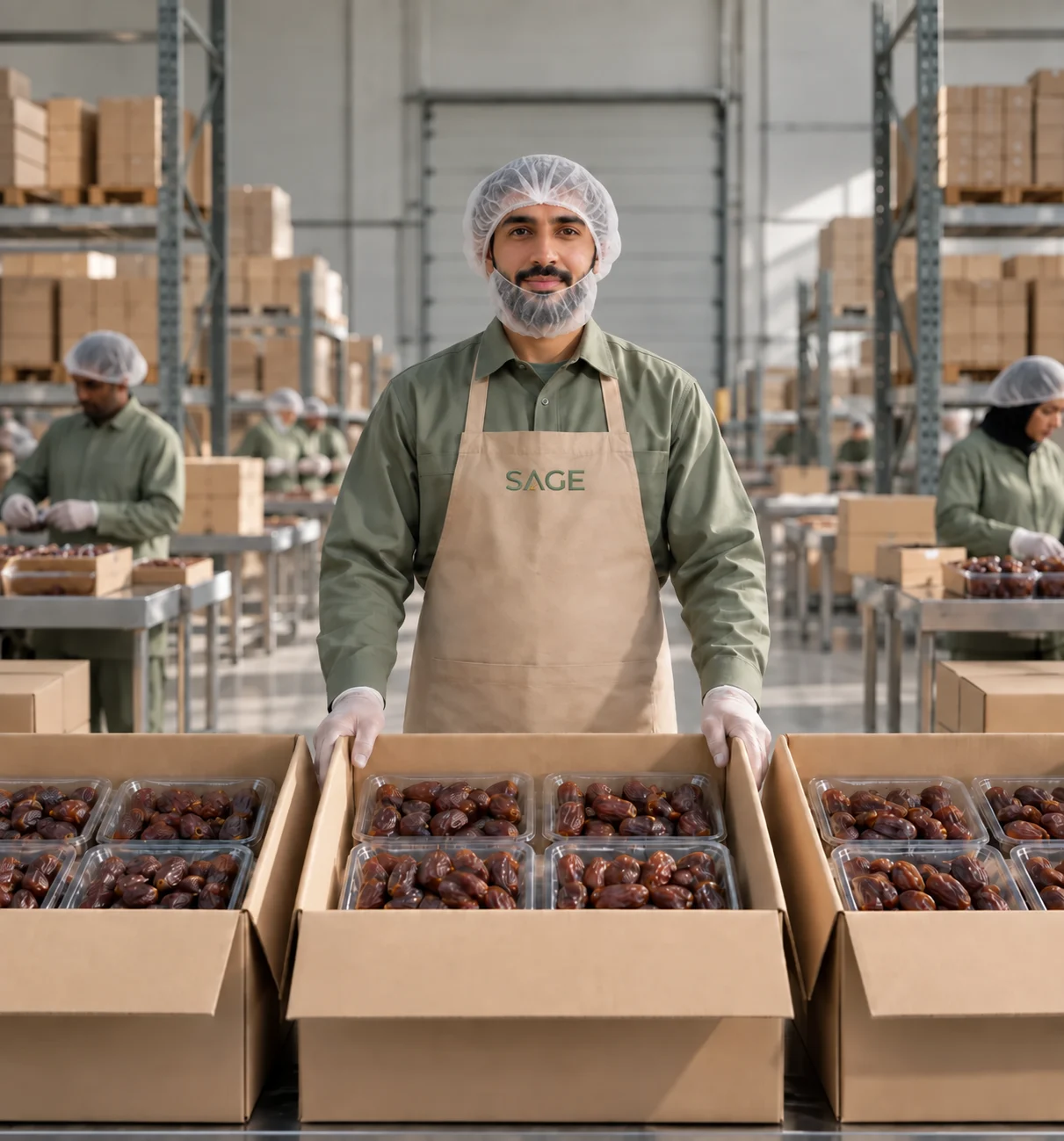 Saudi specialty food packer preparing cartons of dates