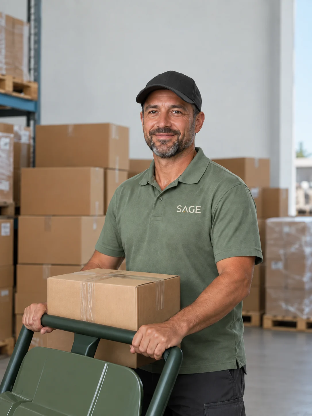 Warehouse professional with a carton on a pallet trolley